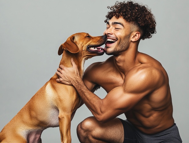 A dog licking its owner after workout