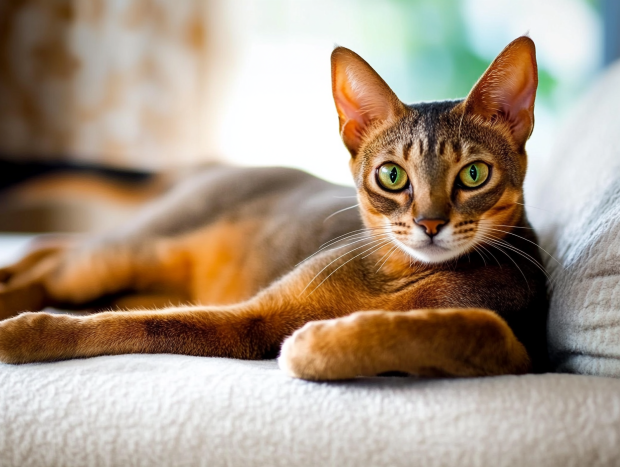 An Abyssinian Cat lying on a couch