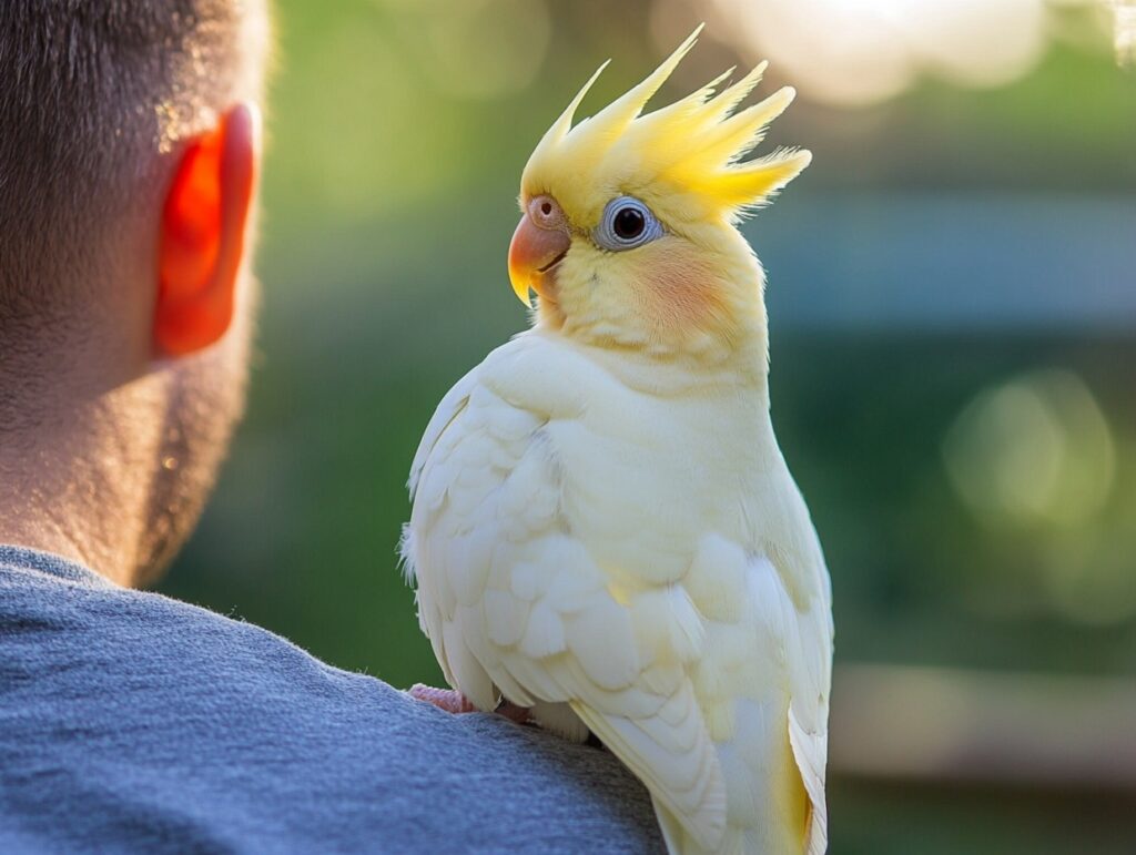 Pet Cockatiel sitting on the shoulder