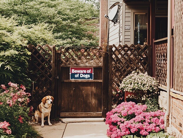 Beware of dogs sign with a dog besides it
