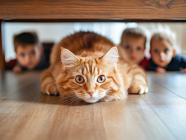 Cat trying to hide from energetic toddlers