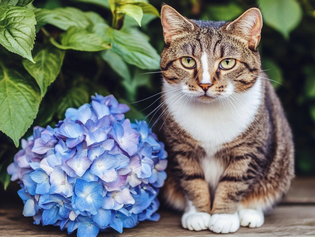 Cat with hydrangeas