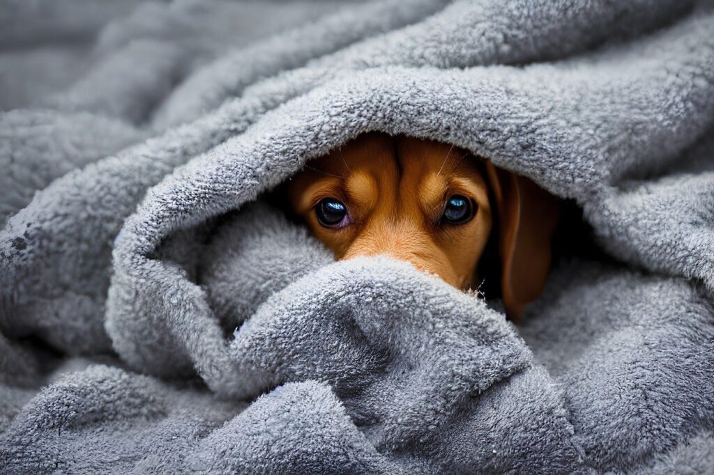 Dog tucked under a Blanket