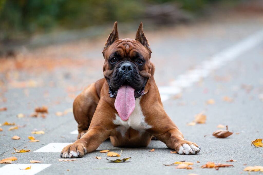 Boxer dog on a road