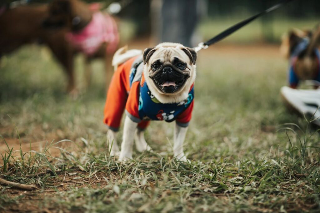 Pug in the park with a cute outfit