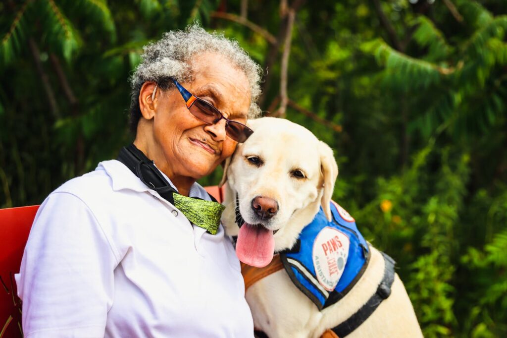 A Senior dog with its owner