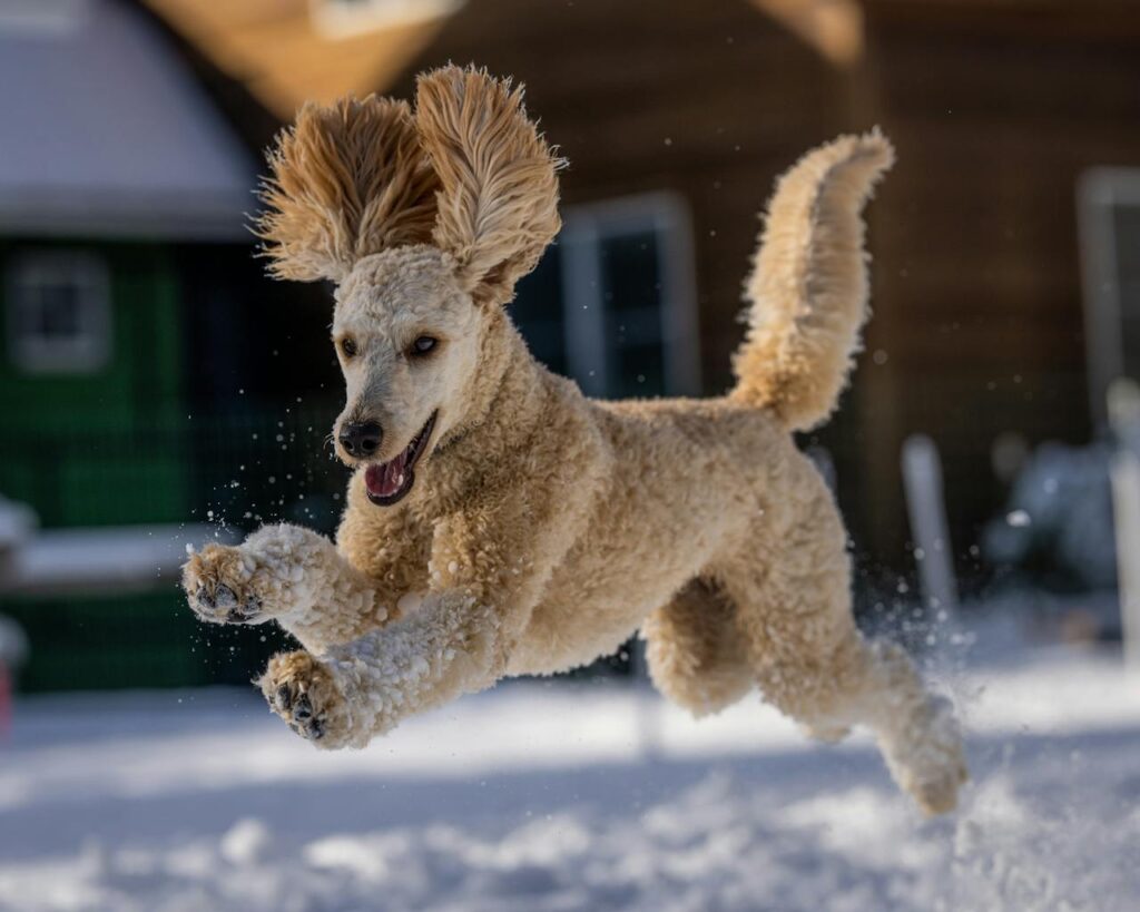 Jumping brown poodle