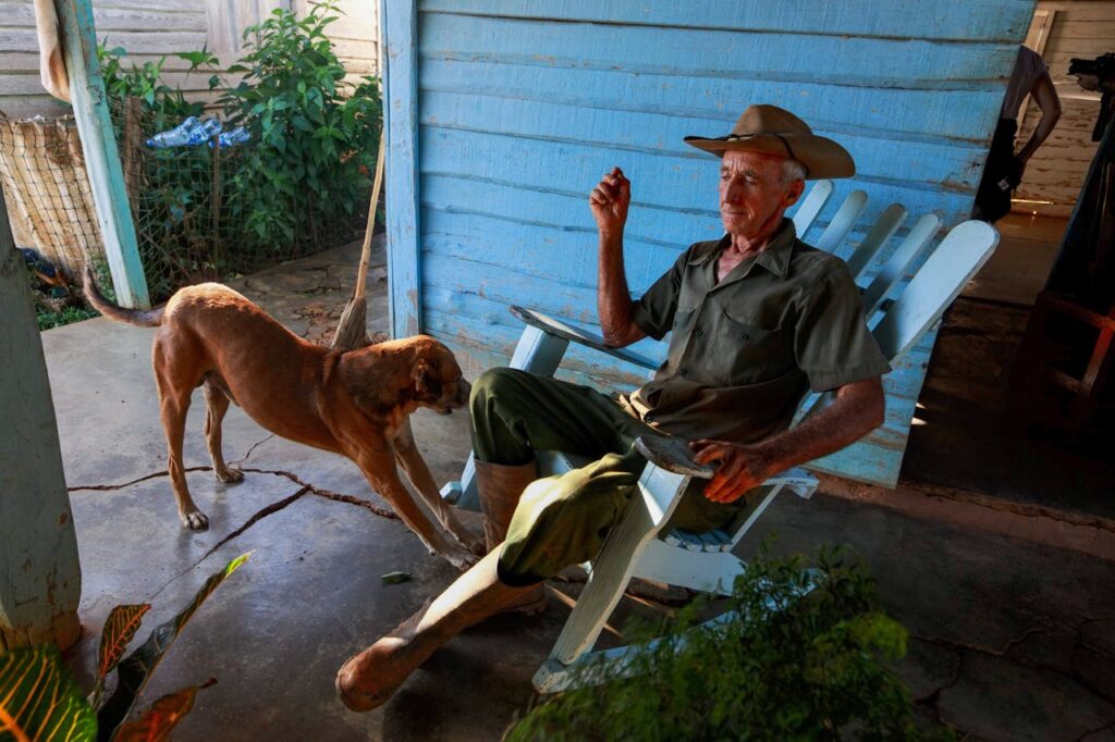 Elderly Man Sitting on a Rocking Chair with his dog