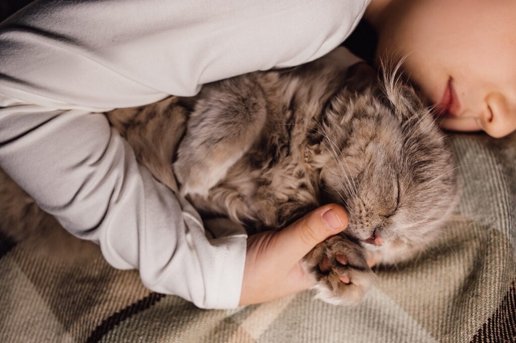 Cat sleeping with a kid
