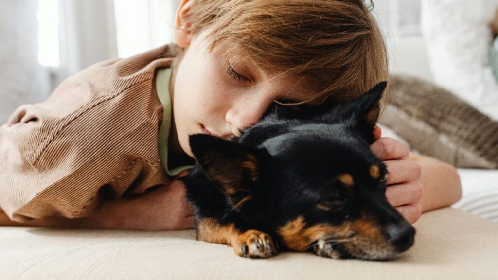 Boy and a black dog sleeping peacefully