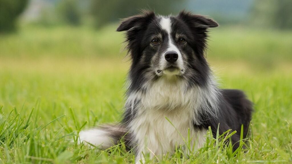 black and white dog on grass