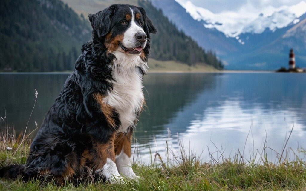 Bernese Mountain Dog by a lake.