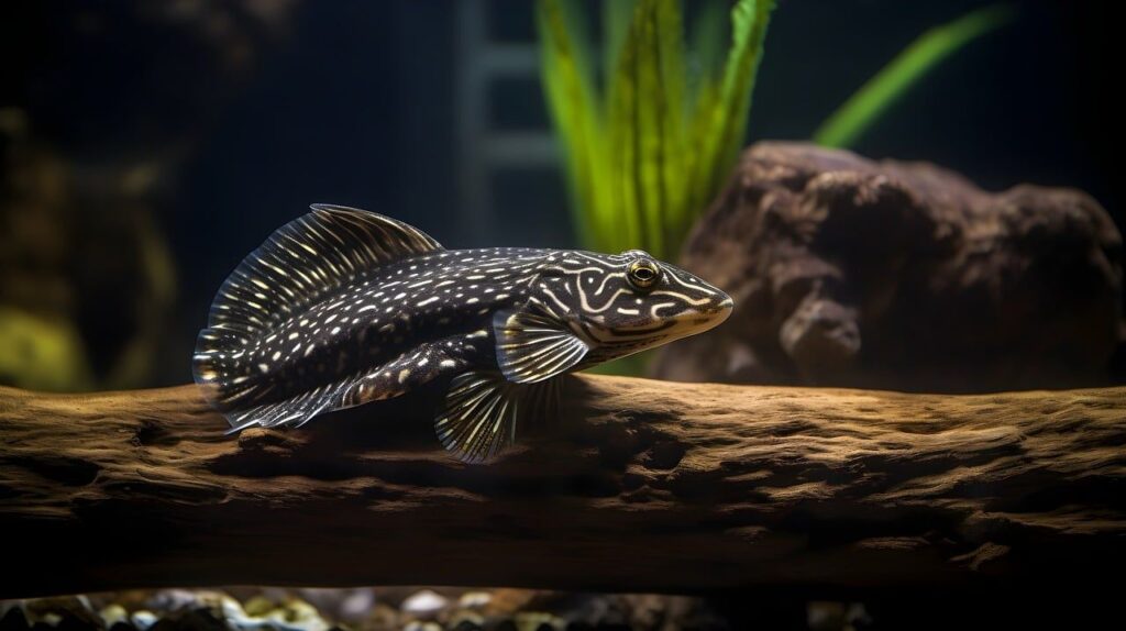 Spotted common pleco on driftwood.