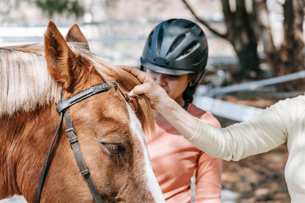 A woman and an instructor interacting with a horse