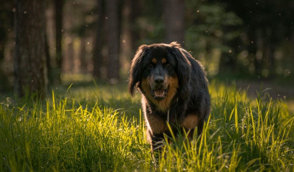  A large, black and tan dog with a thick, luxurious coat walks through a sunlit forest. The grass glows green under the golden rays, and the background is softly blurred with trees and floating particles catching the light. The dog gazes forward with a calm and confident expression.