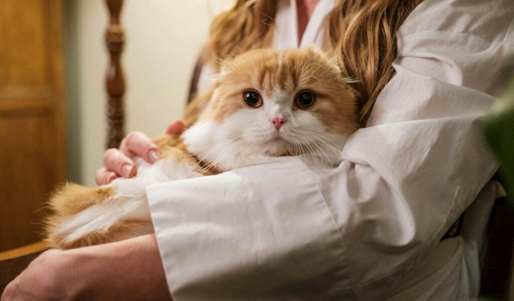 fluffy orange and white cat being held by a person
