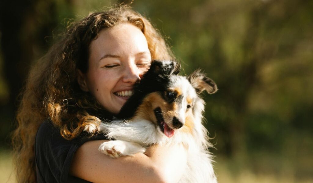 A smiling woman with curly hair hugging a happy black, white, and tan Shetland Sheepdog. The dog has its tongue out, and the background is a softly blurred, sunlit outdoor setting.