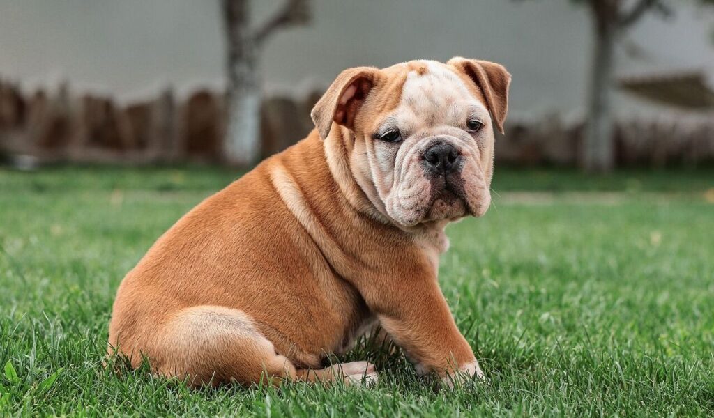 Bulldog puppy sitting on green grass.