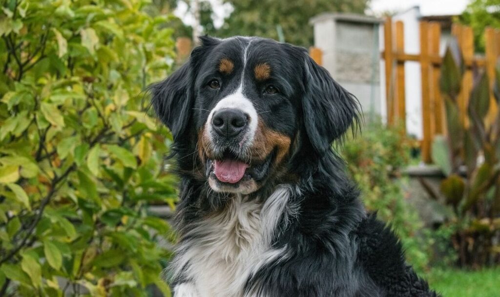 Bernese Mountain Dog smiling outdoors.