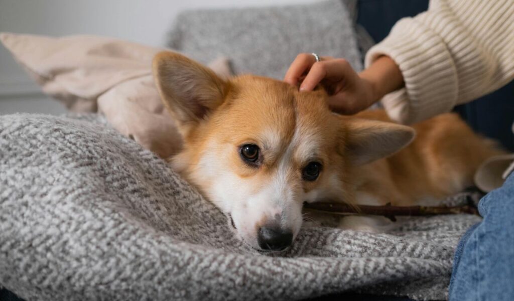 A tan and white dog resting on a cozy gray blanket while being petted gently.