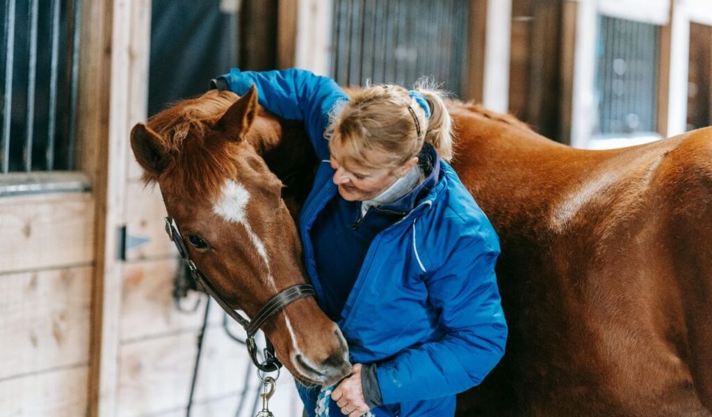 A woman hugging a chestnut Thoroughbred horse in a stable.