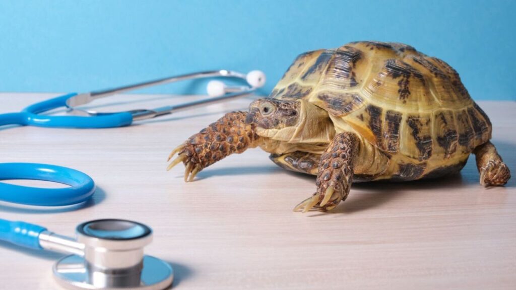 A turtle on a wooden table with a stethoscope and a blue background.