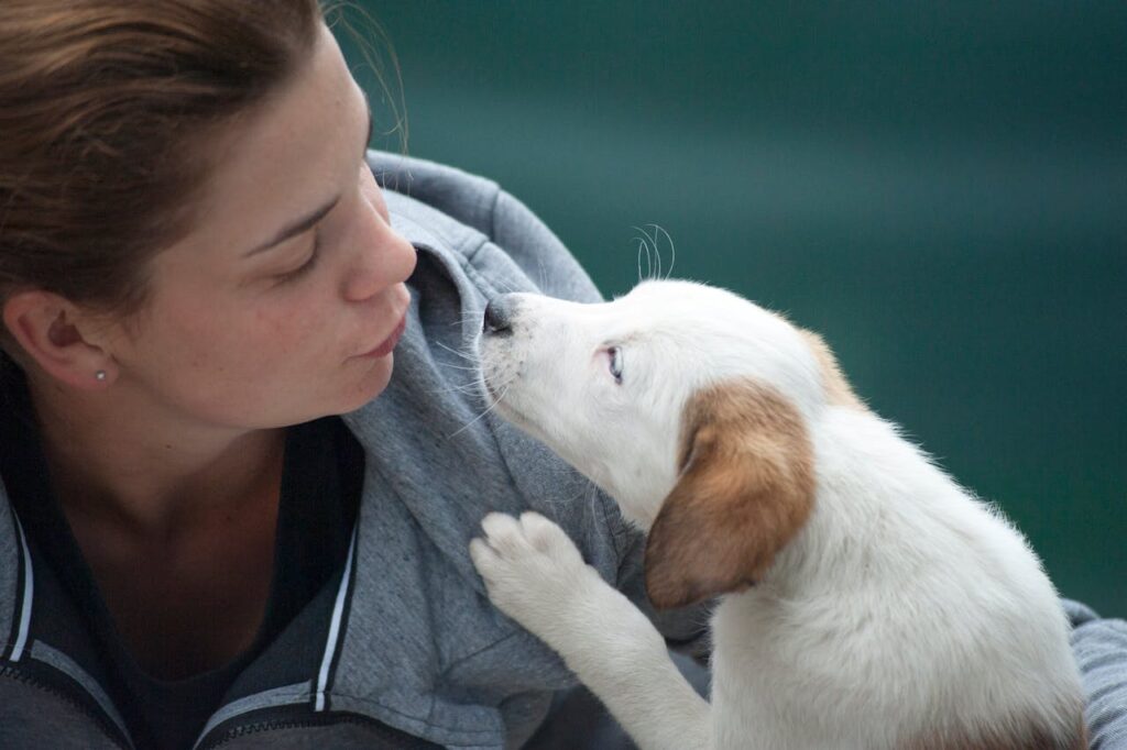 White puppy gently touching woman’s face