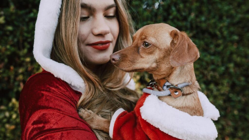 Red hooded woman with a dog