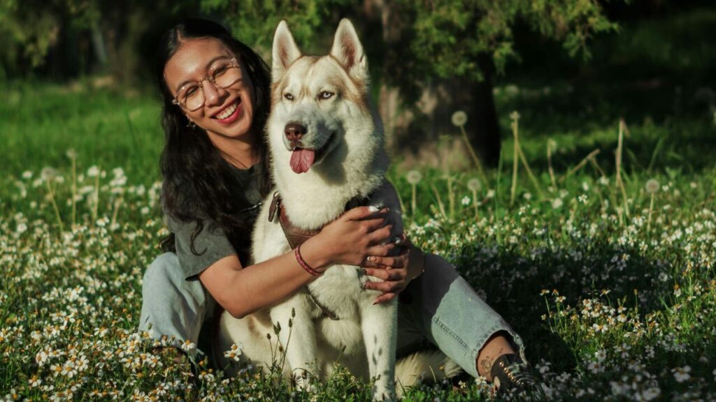 A young woman cuddles with a light-colored Siberian Husky