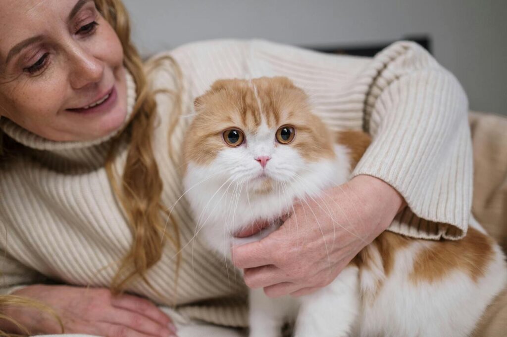 Woman lovingly holding a fluffy orange cat.