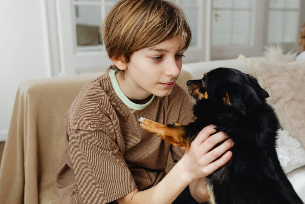 A young boy in a striped brown shirt gently holding and looking at a small black and tan dog in a cozy indoor setting.