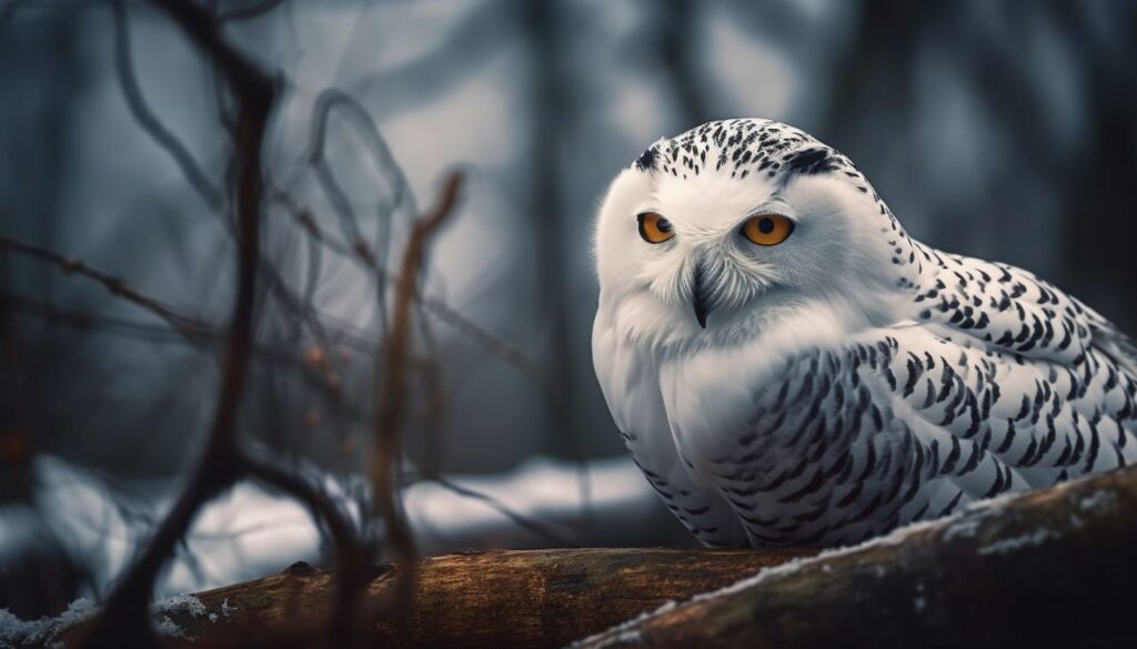 A striking snowy owl with piercing yellow eyes perched on a branch in a misty forest. The owl's white feathers are speckled with black markings, creating a dramatic contrast against the blurred, moody background of dark branches and soft, diffused light.