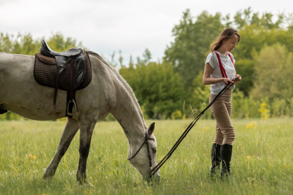 Woman walking with a horse in the countryside