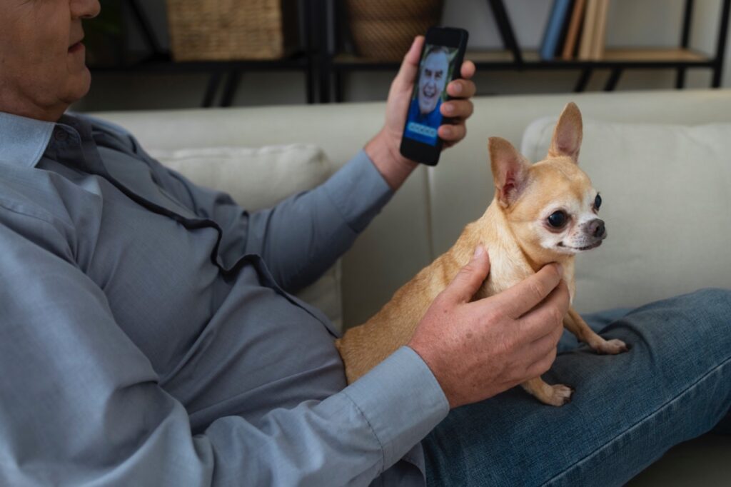 Man using a smartphone at home next to his Chihuahua dog