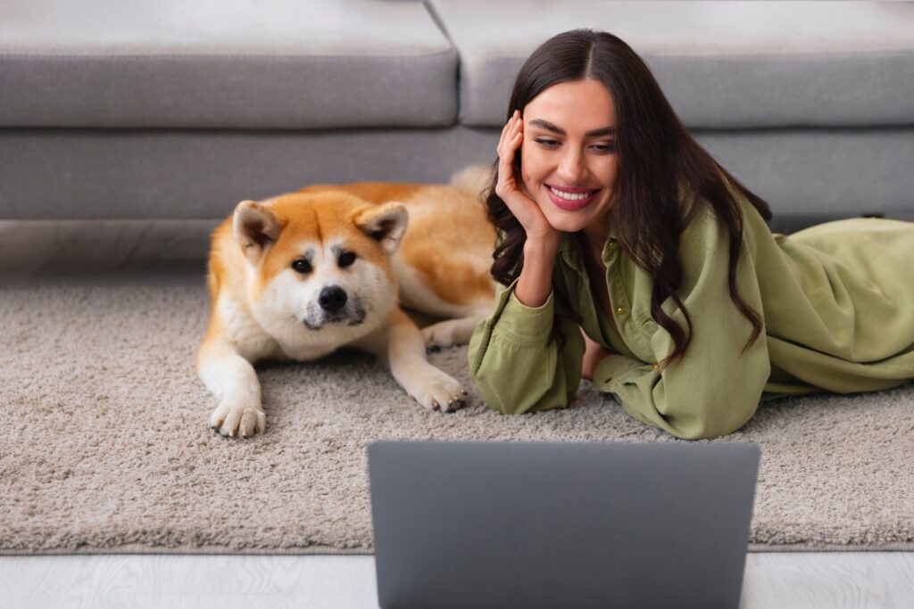 woman with akita dog