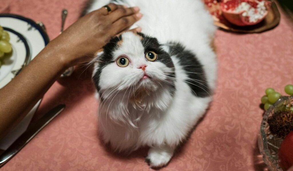 Scottish Fold cat being petted with food in the background.