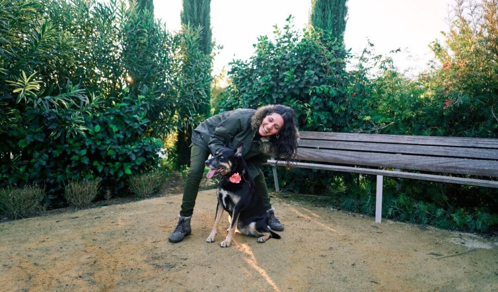 Australian shepherd with a person in a garden.