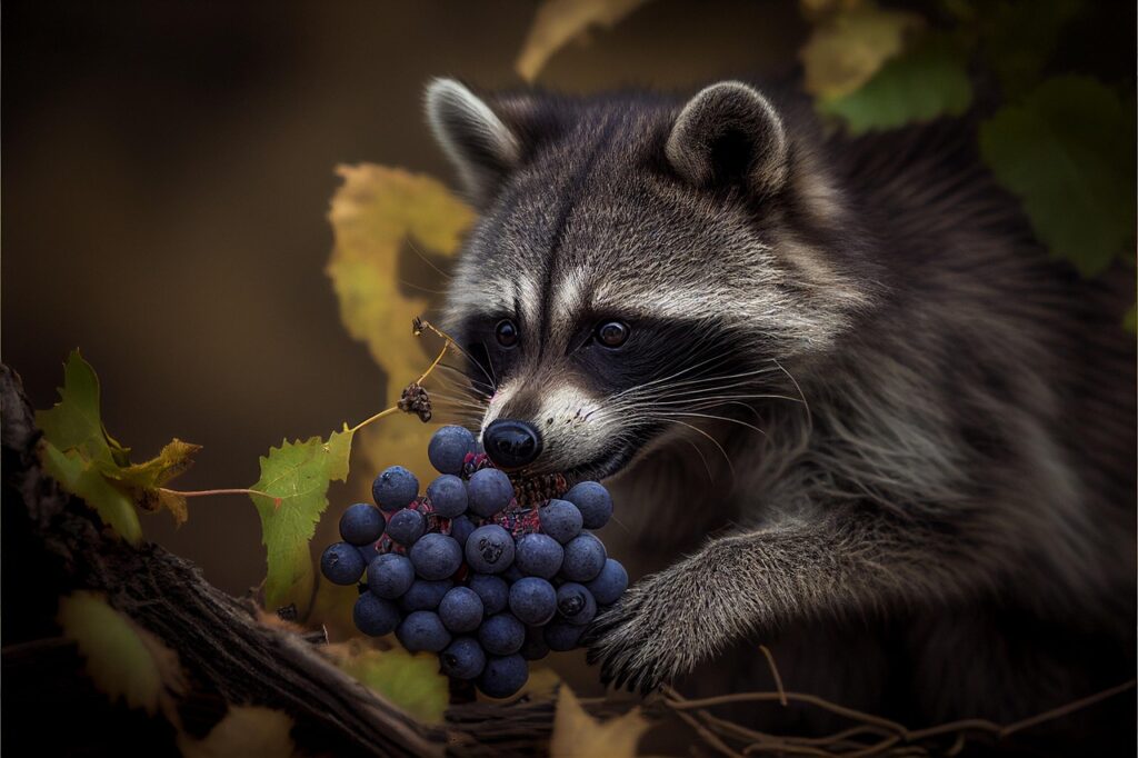 Raccoon eating grapes