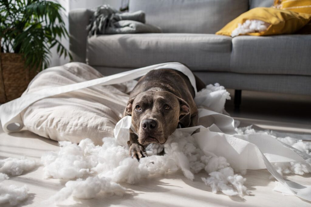 dog with guilt after tearing pillows