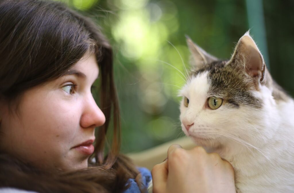 cat looking at a girl