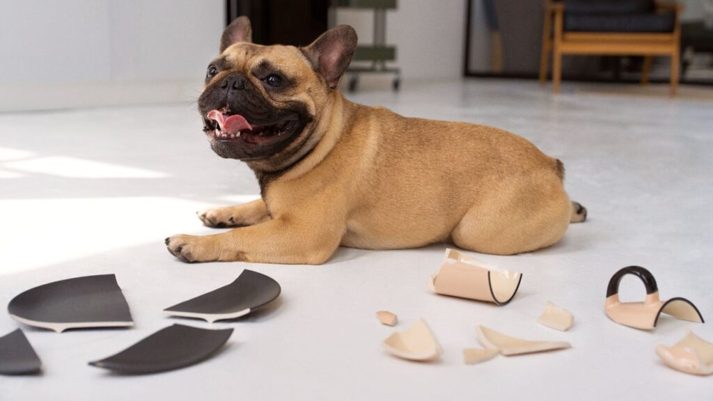 french bulldog with broken plate