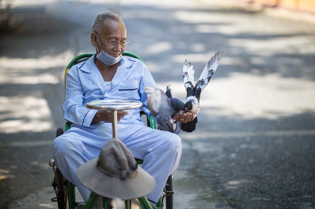 man feeding birds
