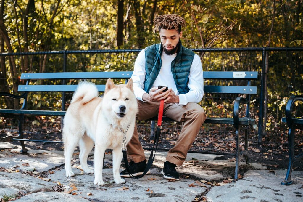 man with akita inu dog sitting on bench