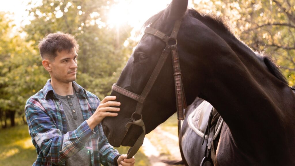 Man with horse caring