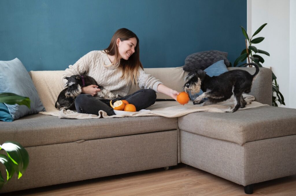 Woman playing with two dogs
