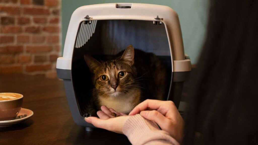 Woman feeding her pet cat in the carrier