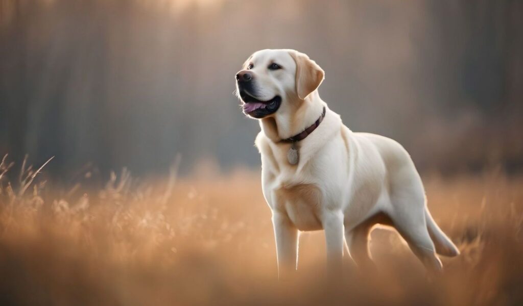 Labrador Retriever standing in a sunlit field.