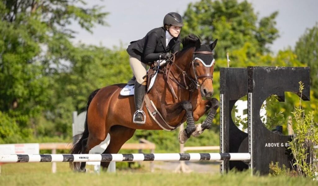 A rider in a black jacket jumping a bay horse over an obstacle.