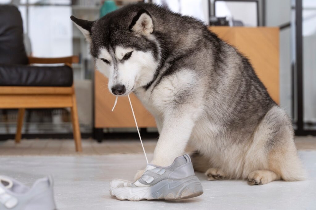 Siberian Husky chewing Shoe lace