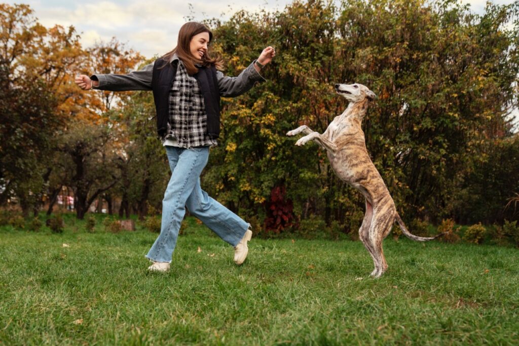 Dog Playing Outside with woman (Dancing)